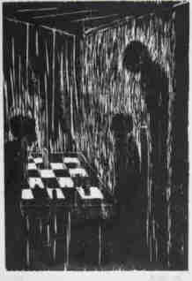 Schach - Die letzte Partie. Holzschnitt von 2014 von der Knstlerin  Elke Rehder nummeriert und signiert.