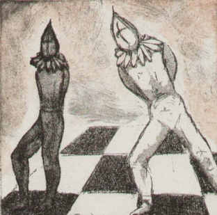 Radierung als Schach-Illustration fr das Buch von Slawomir Mrozek mit dem Titel "Schach".