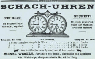 Werbeanzeige fr Schachuhren der Firma Wenzl Wesely 1914