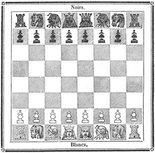 Franzsische Schachfiguren. Schach-Diagramm mit der Darstellung des Lufers als Narr aus Le Palamde 1846