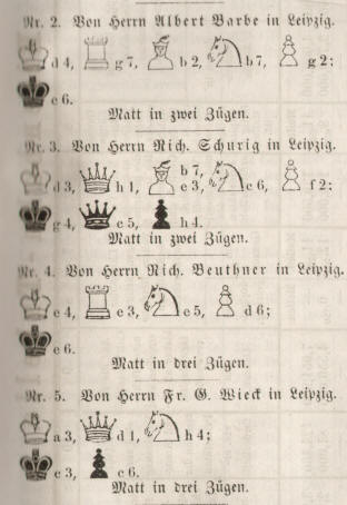 Schachaufgaben 1858 von Albert Barbe, Richard Schurig, Richard Beuthner und Friedrich Georg Wieck