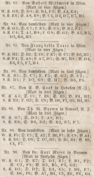 Problemschach Aufgaben von Rudolf Wilmers, Franz della Torre, E. B. Cook, Th. M. Brown und Dr. Carl Meier in Bremen