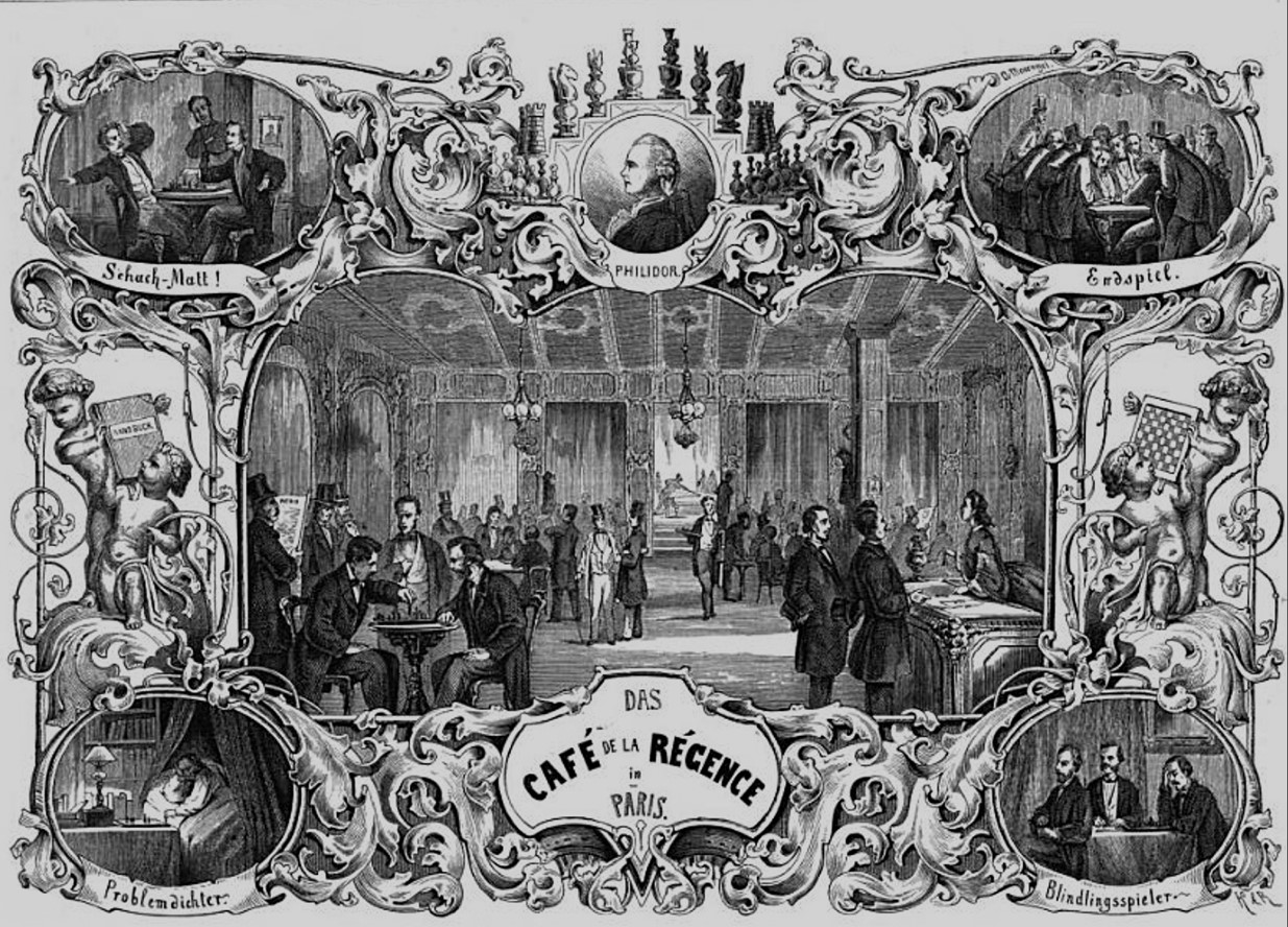 Paul Morphy jugando 8 partidas a ciegas en el Café de la Regence (Paris) -  Le Monde Illustré, 16.10.1856