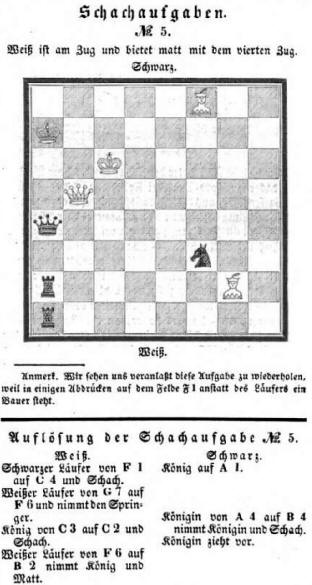 Schachaufgabe Nr. 5 - 18. November 1843. Wei ist am Zug und bietet matt mit dem vierten Zug.