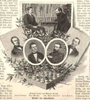 Emanuel Lasker, Wilhelm Steinitz, Adolf Anderssen, Paul Morphy, Johann Hermann Zukertort, Louis Paulsen