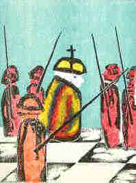 Pawns threaten the King - Chess woodcut by the German artist Elke Rehder