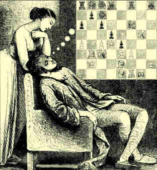 ilustracin del juego de ajedrez con el ttulo Sueos de Ajedrez de la artista EDITA